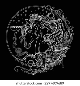 Doodle decorativo vectorial de la cabeza ornamental de unicornio con flores. Dibujo vectorial abstracto mágico contorno blanco aislado en fondo negro. Para colorear, diseñar y tatuar adultos, diseño de camisetas