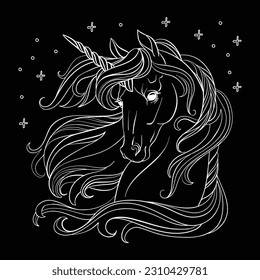 Vektor dekorative Doodle Zierkopf aus Einhorn mit Blumen. Magische abstrakte Vektorgrafik, weiße Kontur einzeln auf schwarzem Hintergrund. Für Farben, Design und Tätowierung für Erwachsene, T-Shirt-Design
