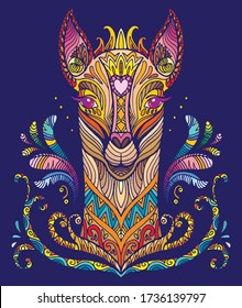 Vector decorative doodle ornamental lama. Abstract vector colorful illustration of lama isolated on blue background. Stock illustration for print, design and tattoo. 