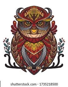 Vector decorativo garabato ornamental búho. Resumen vectorial de la ilustración colorida del búho aislado en el fondo blanco. Ilustración de material para impresión, diseño y tatuaje. 