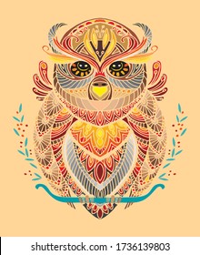 Vector decorative doodle ornamental owl. Abstract vector colorful illustration of owl isolated on beige background. Stock illustration for print, design and tattoo. 