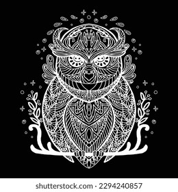 Vector decorative doodle ornamental owl. Abstract vector illustration of owl white contour isolated on black background. Stock illustration for coloring, design, tattoo, puzzle