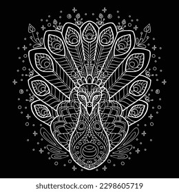 Vector decorative doodle ornamental Peacock. Abstract vector illustration of bird white contour isolated on black background. Illustration for adult coloring, print, design, puzzle and tattoo. 