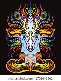 Vector decorative doodle ornamental portrait of unicorn. Colorful abstract vector illustration of unicorn isolated on black background. Stock illustration for design and tattoo. 