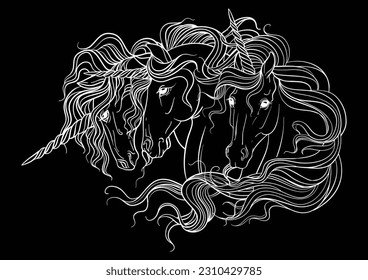 Vector decorative doodle ornamental three heads of magic unicorns. Abstract vector illustration white contour isolated on black background. For adult coloring, design and tattoo, t shirt design