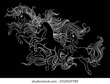 Doodle decorativo vectorial ornamental tres unicornios en funcionamiento. Dibujo vectorial abstracto mágico contorno blanco aislado en fondo negro. Para colorear, diseñar y tatuar adultos, diseño de camisetas