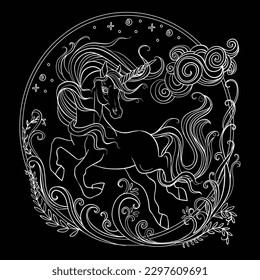 Vector decorative doodle ornamental unicorn with flowers. Magic abstract vector illustration white contour isolated on black background. For adult coloring, design and tattoo, t shirt design