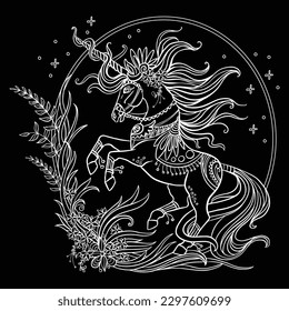 Vector decorative doodle ornamental unicorn with flowers. Magic abstract vector illustration white contour isolated on black background. For adult coloring, design and tattoo, t shirt design