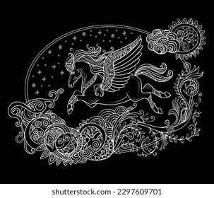 Vector decorative doodle ornamental unicorn with wings and flowers. Magic abstract vector illustration white contour isolated on black background. For adult coloring, design and tattoo, t shirt design