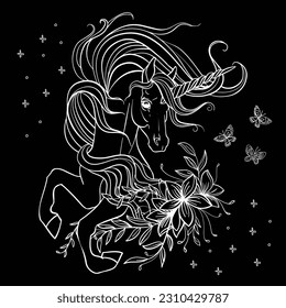 Vector decorative doodle ornamental unicorn with flowers. Magic abstract vector illustration white contour isolated on black background. For adult coloring, design and tattoo, t shirt design