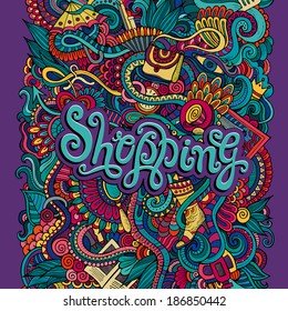 Vector decorative doodles design card "shopping"