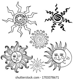 Vector decorative drawing of the sun. Nature. Sketch, illustration. image set