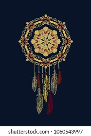 Vector decorative dreamcatcher with feathers on dark blue background