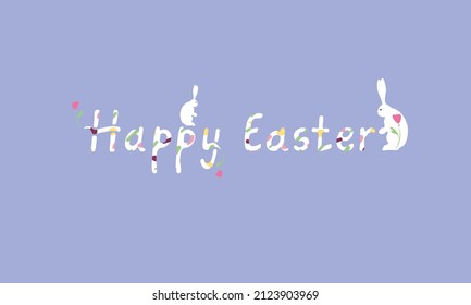 Vector decorative easter greeting card with bunny and flowers. Hand drawn painted lettering with colorful texture and abstract modern elements. Spring festive background.