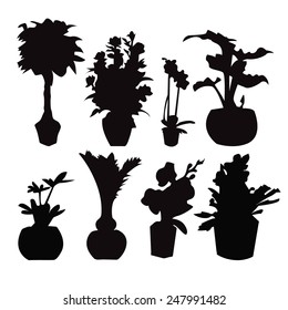 Vector Decorative Of Eight Potted Plant Silhouette Collection  Isolated On White.