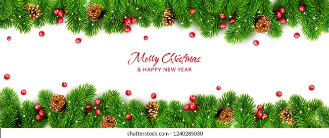 Vector decorative element for design and decoration of cards for Christmas and New Year. Branches of spruce with pine cones and red berries isolated on white background.