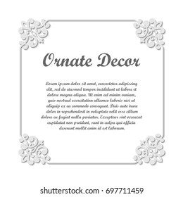 Vector decorative element for design. Frame template with place for text. Fine floral ornamental border. Lace decor. Elegant art for birthday and greeting card, wedding invitation. Ornate corners.