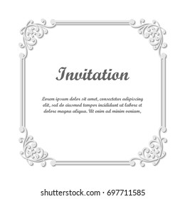 Vector decorative element for design. Frame template with place for text. Fine floral ornamental border. Lace decor. Elegant art for birthday and greeting card, wedding invitation. Ornate corners.