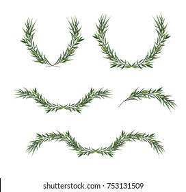 Vector Decorative Element Set. Eucalyptus Round Green Leaf Wreath, Greenery Branches, Winter Garland, Border, Frame, Elegant Watercolor Isolated, Editable Illustration. Christmas Greeting Card Objects