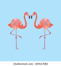 Vector decorative element with two polygonal flamingo.
