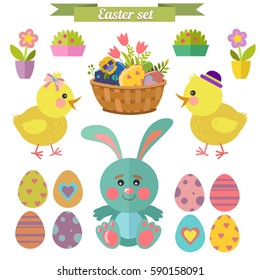 Vector decorative elements set with easter chick, eggs and flowers. You can use it to decorate cards and brochures