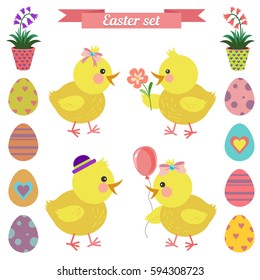 Vector decorative elements set with easter chick, eggs and flowers. You can use it to decorate cards and brochures