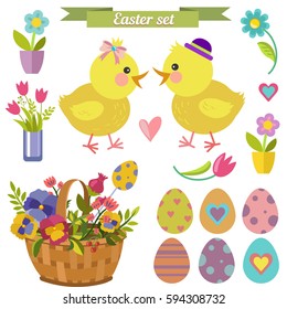 Vector decorative elements set with easter chick, eggs and flowers. You can use it to decorate cards and brochures