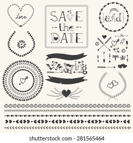 Vector decorative elements. Wedding graphic set. Laurel wreath, ribbon, stripe ornament, round frames, arrows, hearts. Lettering save the date. Pattern brushes for illustrator.