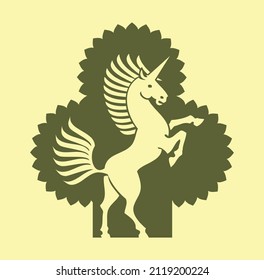 Vector decorative emblem depicting a unicorn on a wood background 