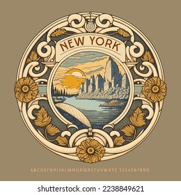 Vector decorative emblem, label New York with set of Alphabet Letters and Numbers. Vintage chic Font