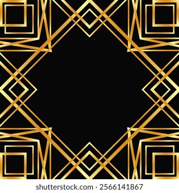 Vector decorative empty gold frame. Art Deco square linear border for social media, post card, banner on black background