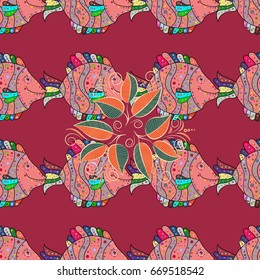 Vector decorative endless marine background. Fabric design. Seamless pattern with hand drawn funny fishes in sketch style.