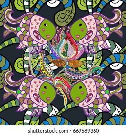 Vector decorative endless marine background. Fabric design. Seamless pattern with hand drawn funny fishes in sketch style.