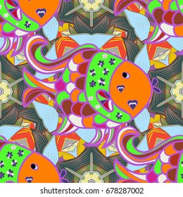Vector decorative endless marine background. Fabric design. Seamless pattern with hand drawn funny fishes in sketch style.