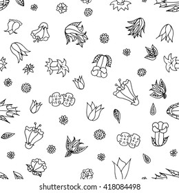 Vector decorative ethnic flower black and white seamless pattern. Tropical flowers. Adult coloring book page set of black flowers