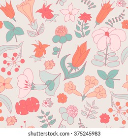 Vector decorative ethnic flowers seamless pattern. Tropical flowers. Pastel spring colors