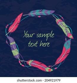 Vector decorative ethnic frame with feathers, threads and beads