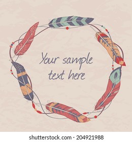 Vector decorative ethnic frame with feathers, threads and beads