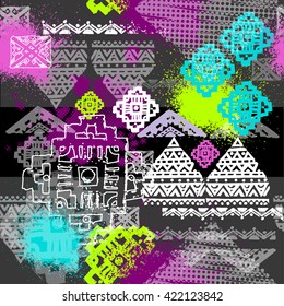 Vector decorative ethnic neon pattern in style zentangle. Hand drawn brush seamless background. Bright abstract geometric background. Print design for girls. Arabic, Indian, ottoman motifs. 