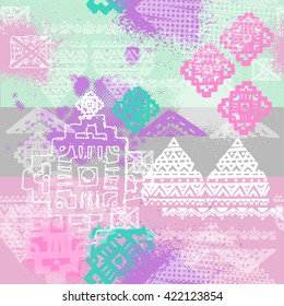 Vector decorative ethnic neon pattern in style zentangle. Hand drawn brush seamless background. Bright abstract geometric background. Print design for girls. Arabic, Indian, ottoman motifs. 