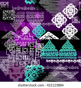 Vector decorative ethnic neon pattern in style zentangle. Hand drawn brush seamless background. Bright abstract geometric background. Print design for girls. Arabic, Indian, ottoman motifs. 