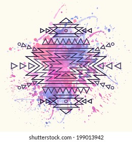 Vector decorative ethnic pattern with watercolor splash