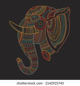 Vector decorative fantasy ornate Indian elephant head silhouette. Hand drawn doodle sketch. Dark colour contour thin line, ethnic ornaments on a black background. T-shirt print. Batik paint. Book cover