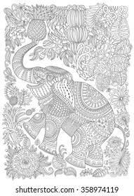 Vector decorative fantasy stylized ornate elephant silhouette. Zen tangle fantastic flowers, fruits, butterfly, leaves. Adults coloring book vertical page.Black and white T-shirt print. Batik paint