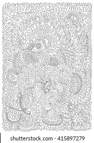 Vector decorative fantasy stylized retro telephone silhouette. Zen tangle. Hand drawn doodle sketch. Contour thin line, black and white. T-shirt print. Adults coloring book vertical page