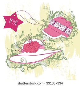 Vector decorative fashion illustration women hats, on grunge background with floral ornaments