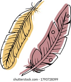 Vector decorative feather sketch. Abstraction, set. Sketch, illustration.