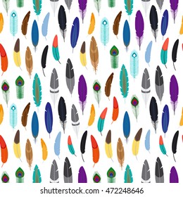 Vector decorative feathers seamless pattern on white background