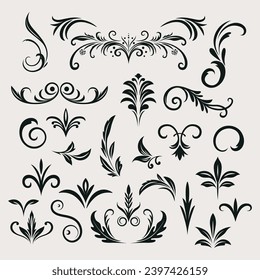 Juego de adornos decorativos de vectores. Cabecera de riesgo, divisores. Elementos de diseño de cuadros retro, filigrí, bordes decorativos, decoraciones de páginas aisladas