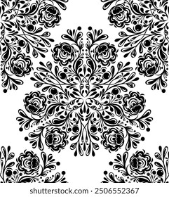 Vector decorative filigree seamless pattern with black silhouette ornate lace on white background. Surface design of delicate floral flourish ornament for fabrics and wrapping paper